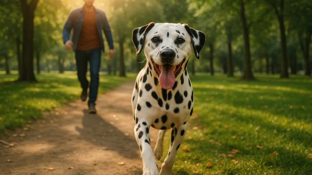 A joyful Dalmatian runs towards the camera on a sunlit park path, with a person following