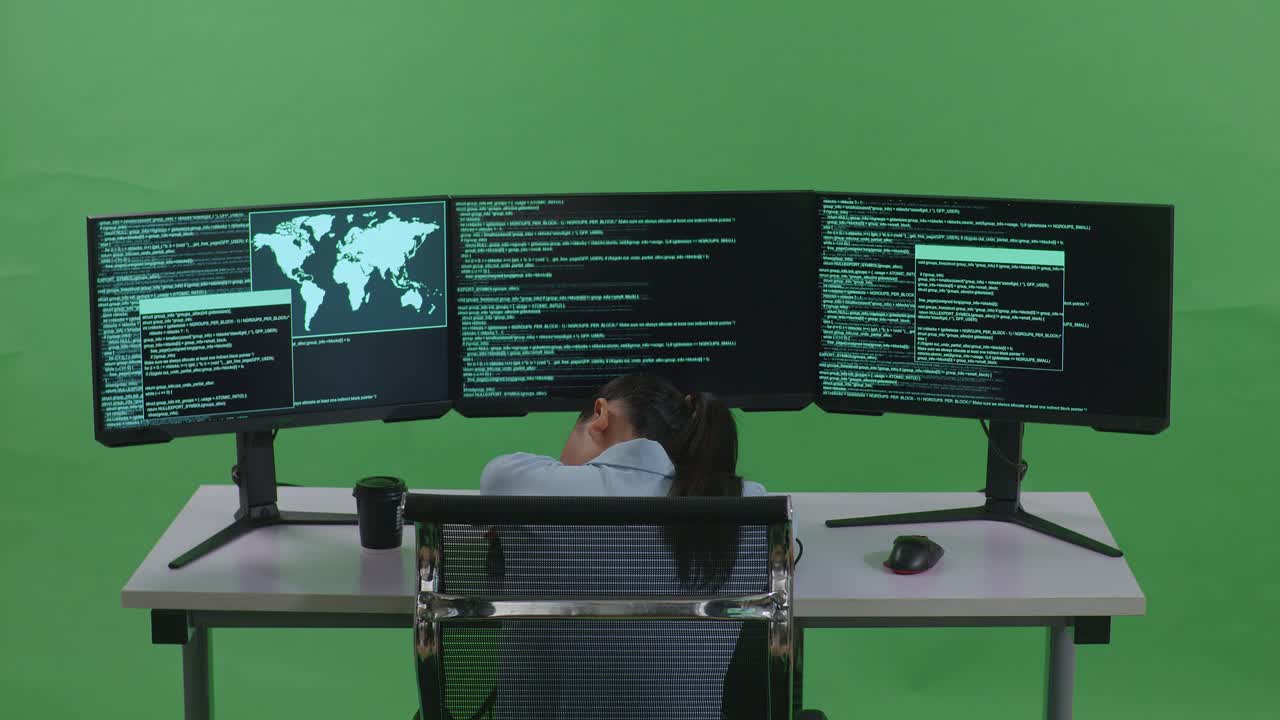 피곤한 아시아 여성 개발자가 녹색 화면 스튜디오에서 여러 컴퓨터 화면으로 코드를 작성하는 동안 잠을 자고 있는 뒷면