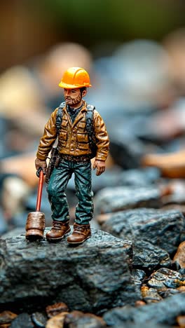 miniature construction worker standing on rock in an outdoor setting