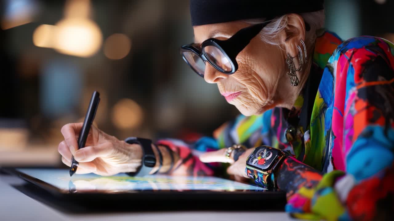 An Inspiring Moment of Creativity: An Elderly Artist Dedicates Herself to Digital Illustrations, Showcasing Unmatched Passion and Skill During a Focused Artistic Session