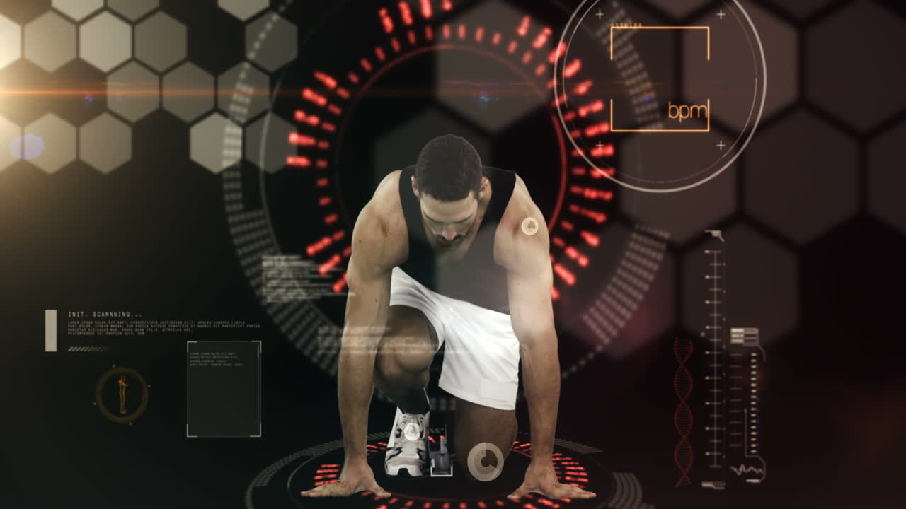 운동 선수 는 애니메이션 배경 에 대 한 출발 블록 에서 달리고 있다