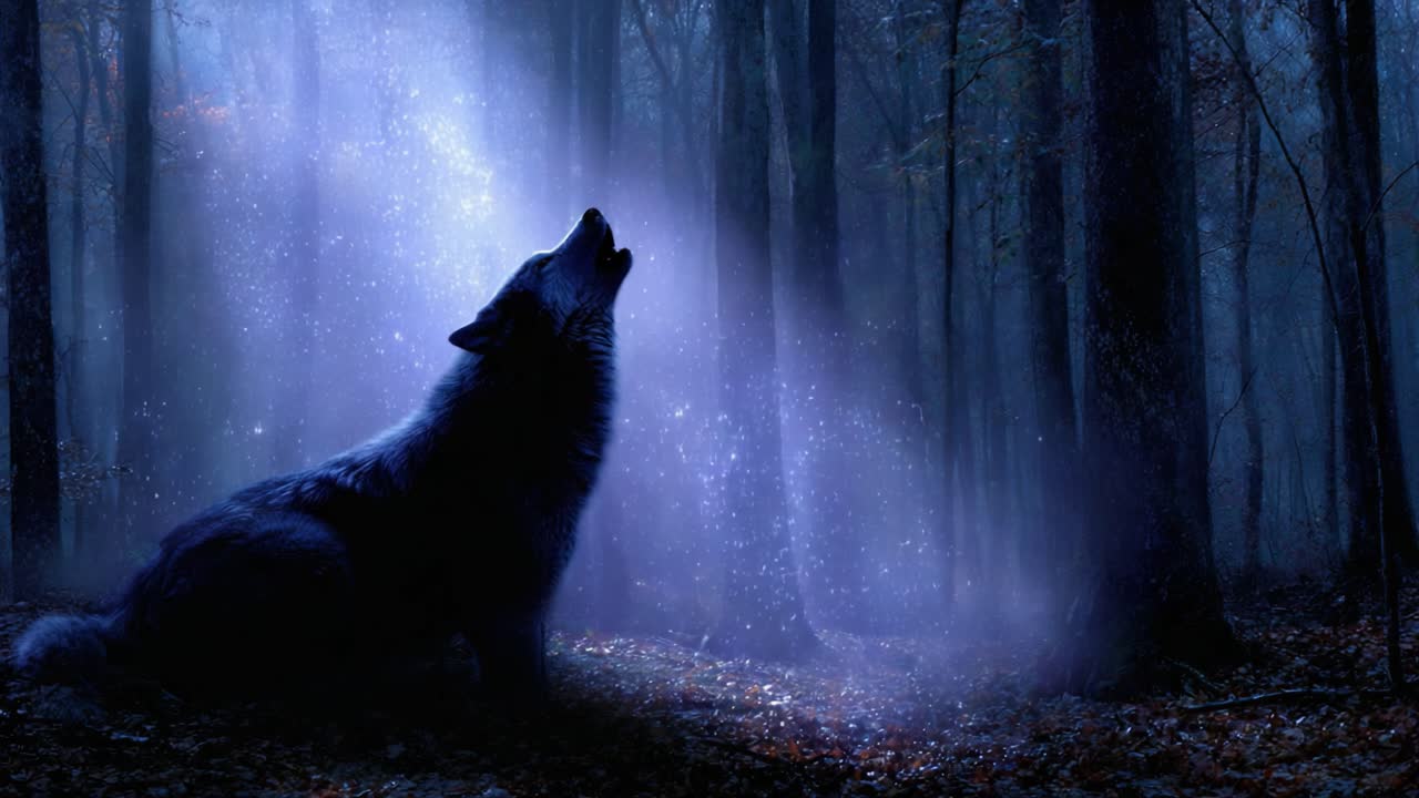 A mystical wolf howls under a starlit sky in a moonlit forest, illuminating the dark woods with enchanting light, creating a serene yet powerful atmosphere