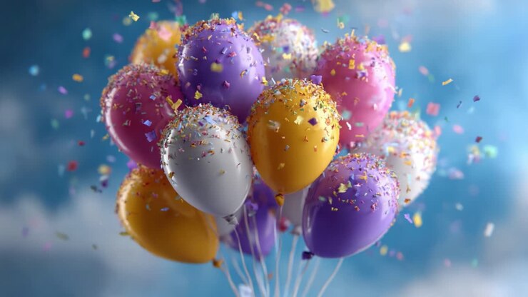 Una vivace collezione di palloncini colorati, adornati con festosi coriandoli, fluttuanti contro un sereno cielo blu, che crea un'atmosfera allegra e gioiosa che invita alla celebrazione e alla felicità