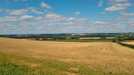 Smooth pan over expansive farmlands in the East Midlands, UK, capturing golden fields and rural landscapes under a bright, sunny summer sky