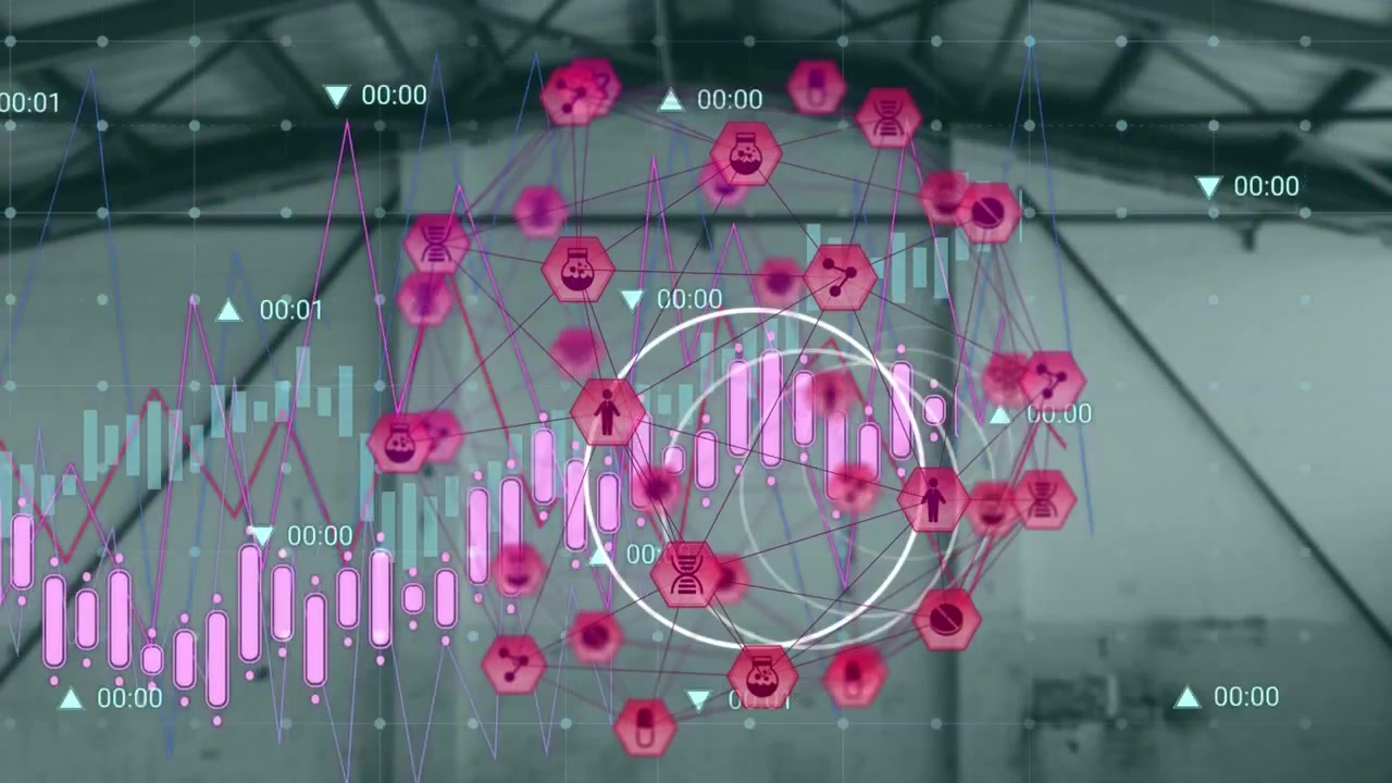 Animation of financial data processing with icons over warehouse