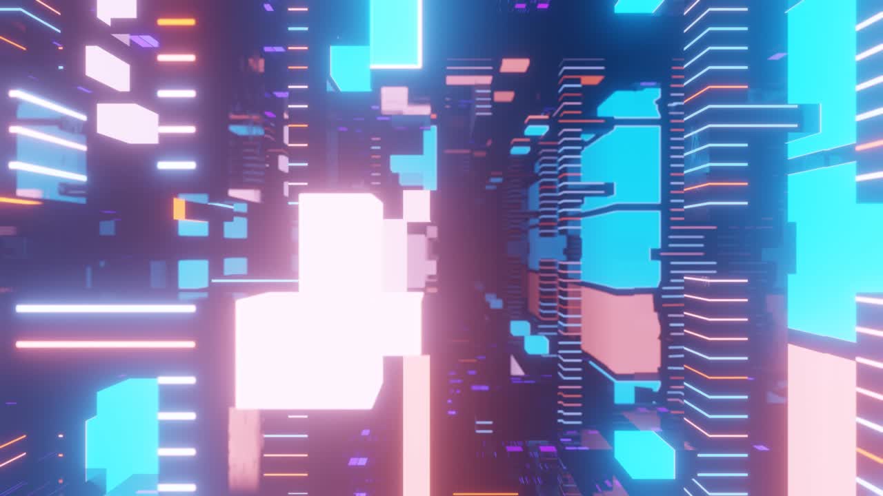 Fly through technology cyberspace with neon glow. Abstract blocks. Sci-fi flight through hi-tech technology tunnel. Hologram and neon light. 3d looped seamless 4k bright background. Data flow