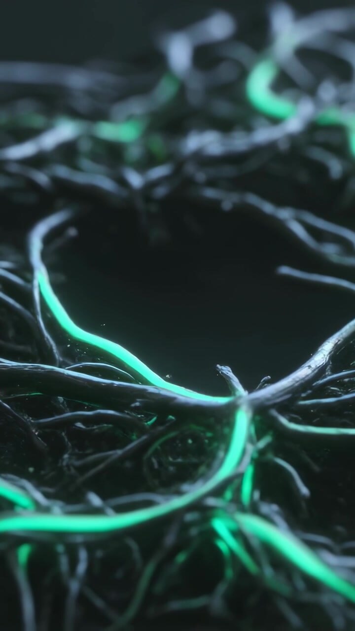 Vertical video: Approaching view, tangled strands pulsing neon filament in studio, revealing hollow