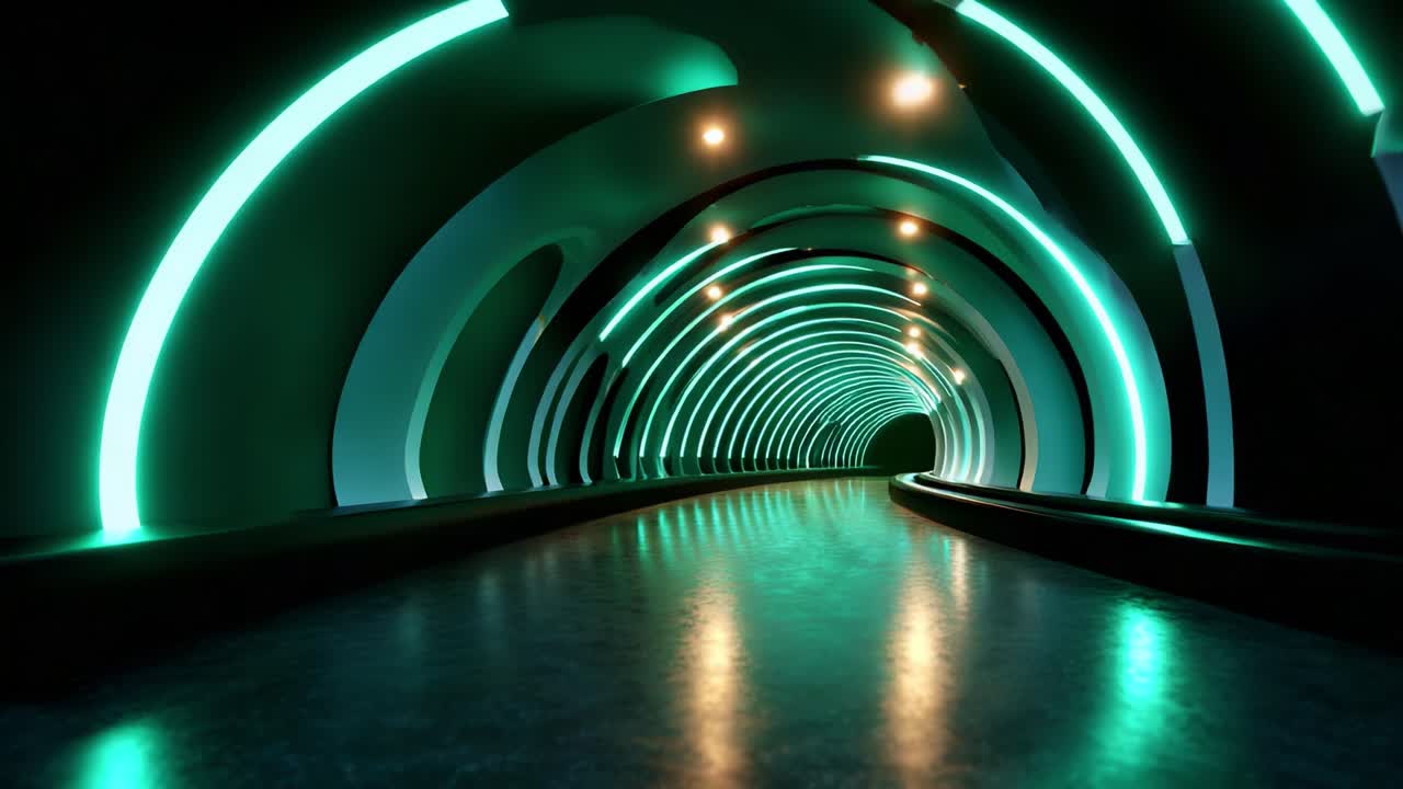A captivating perspective of an illuminated tunnel featuring vibrant circular neon lights casting reflections on a smooth surface, creating an atmosphere of depth and modern design aesthetics