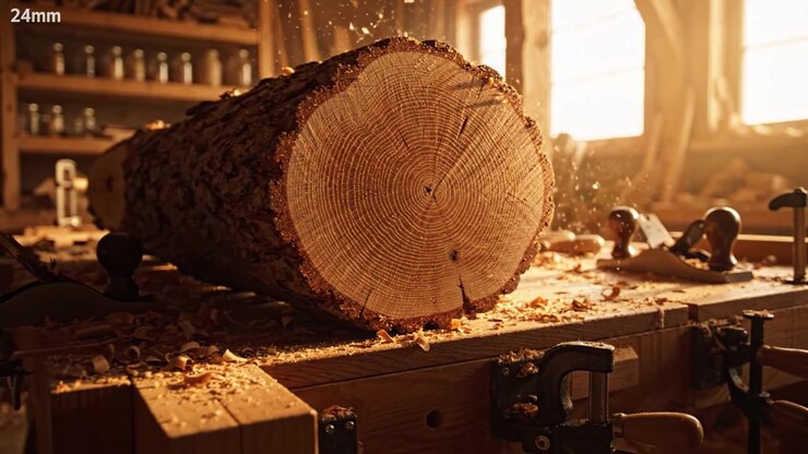 Craftsmanship in Woodworking: A Close-Up of a Log Being Shaped and Finished in a Sunlit Workshop Full of Tools and Woodchips, Demonstrating Artisan Skills