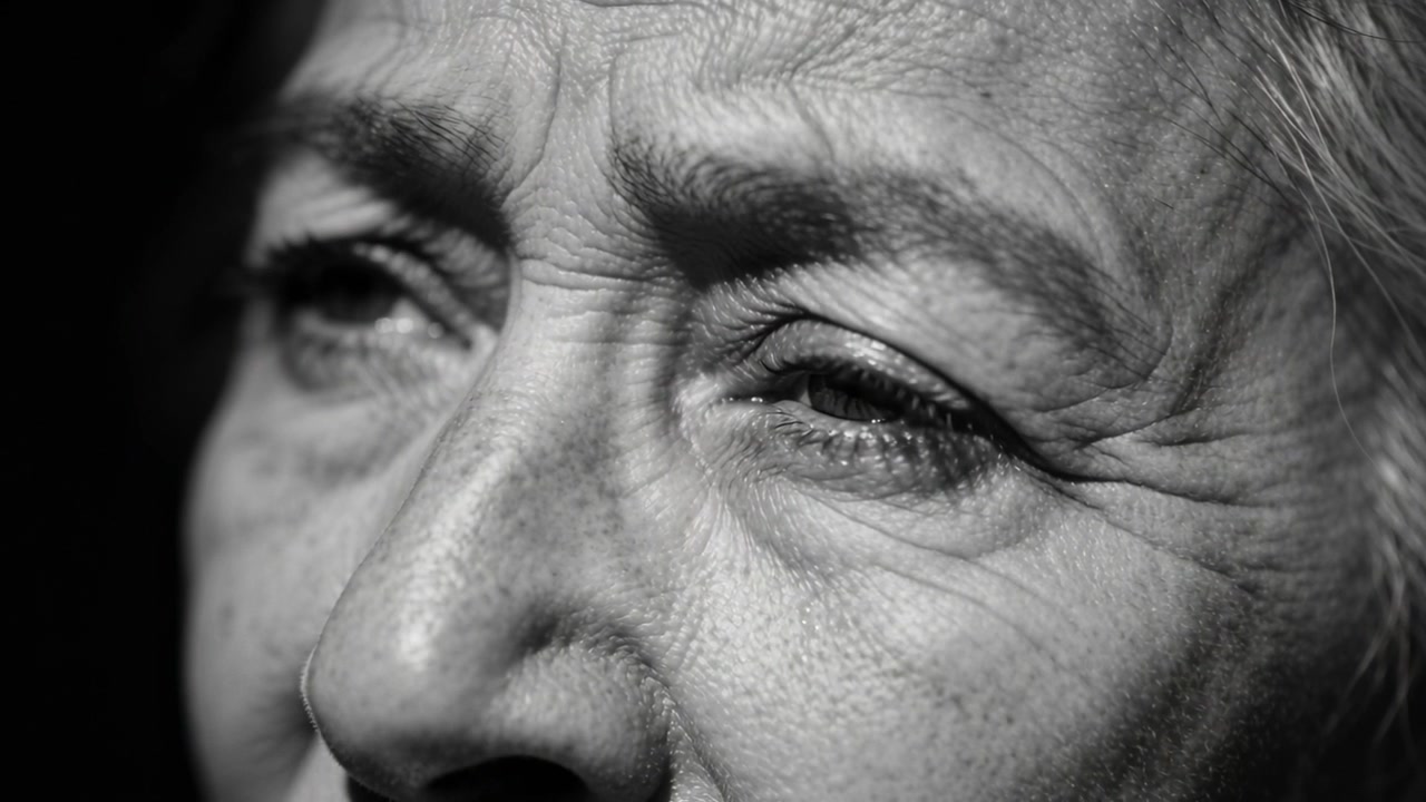 Blinking senior woman responding to shifting studio light at portrait set, showing moist eyes