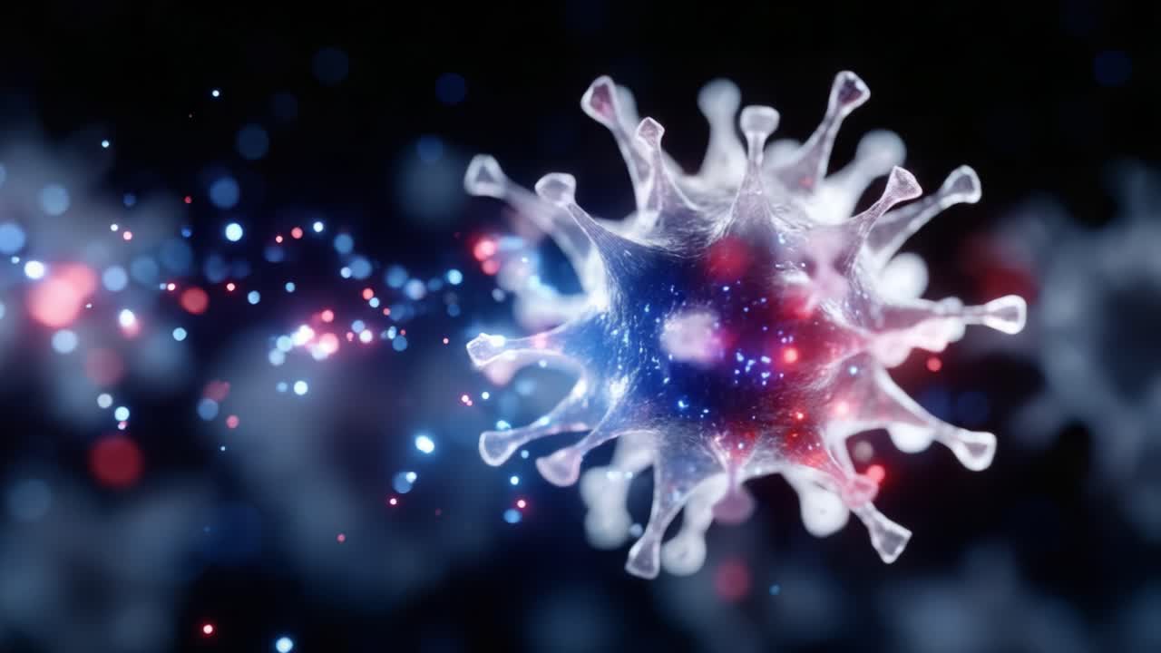 Stunning Visualization of Microscopic Virus Structure Illuminated with Vibrant Colors, Showcasing Intricate Details and Dynamic Movement in a Futuristic Space