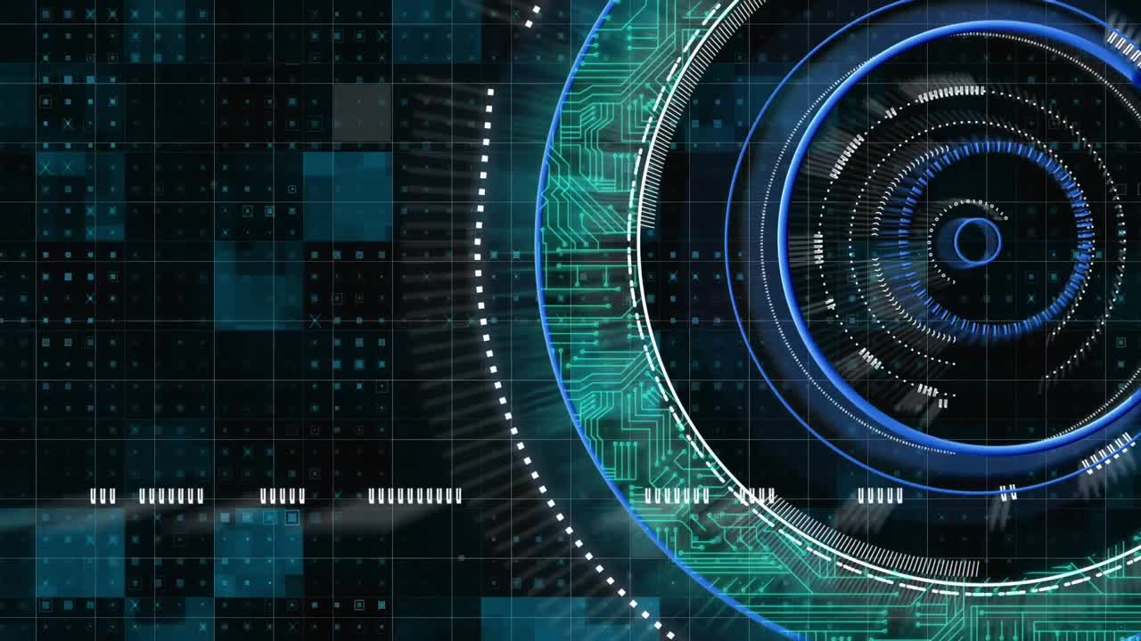 animazione digitale di uno scanner rotondo contro quadrati a mosaico su sfondo blu