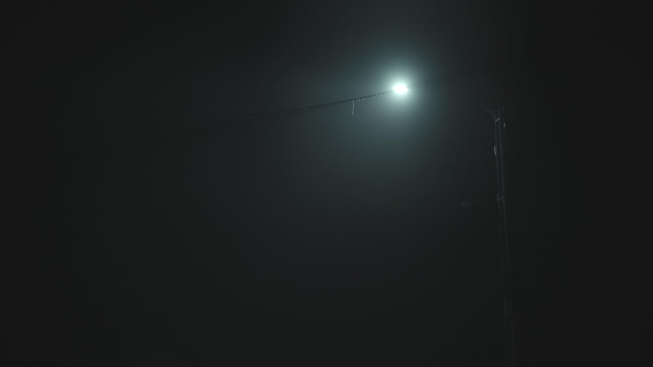 luz de farola mancha verdosa afuera durante la noche negra con atmósfera de niebla espeluznante
