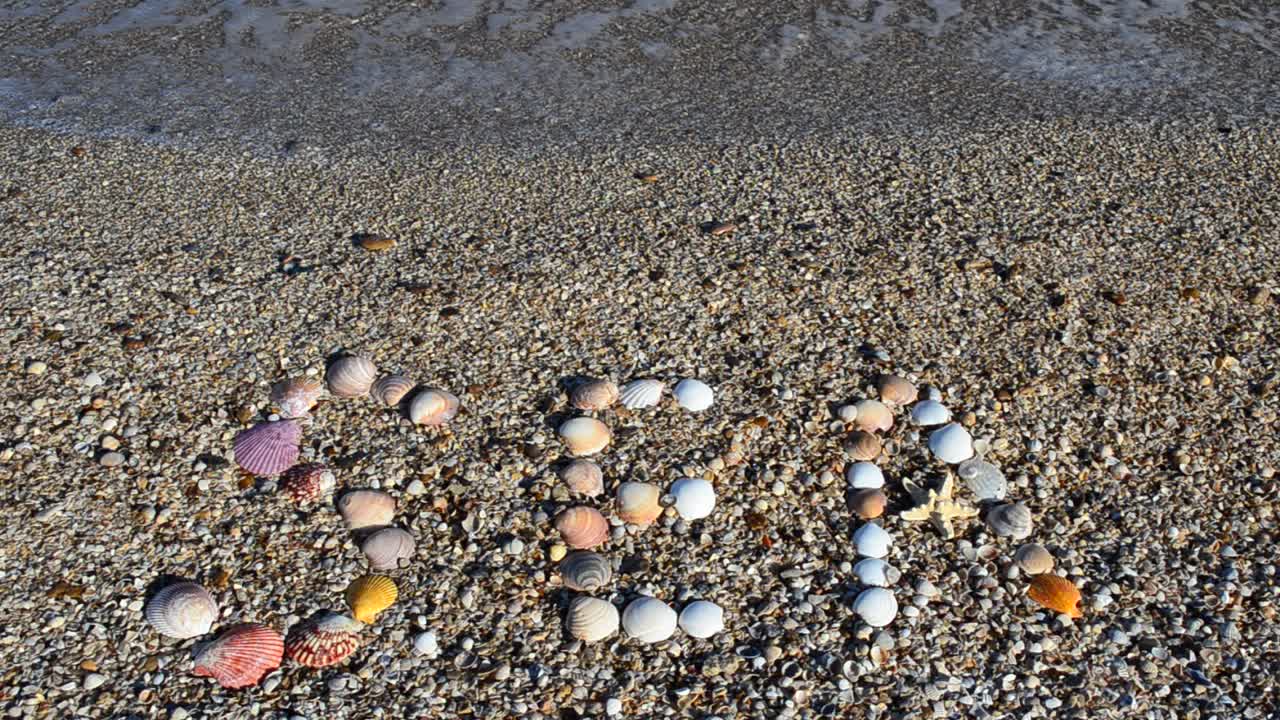 Inscription sea on sand. Shooting on the beach