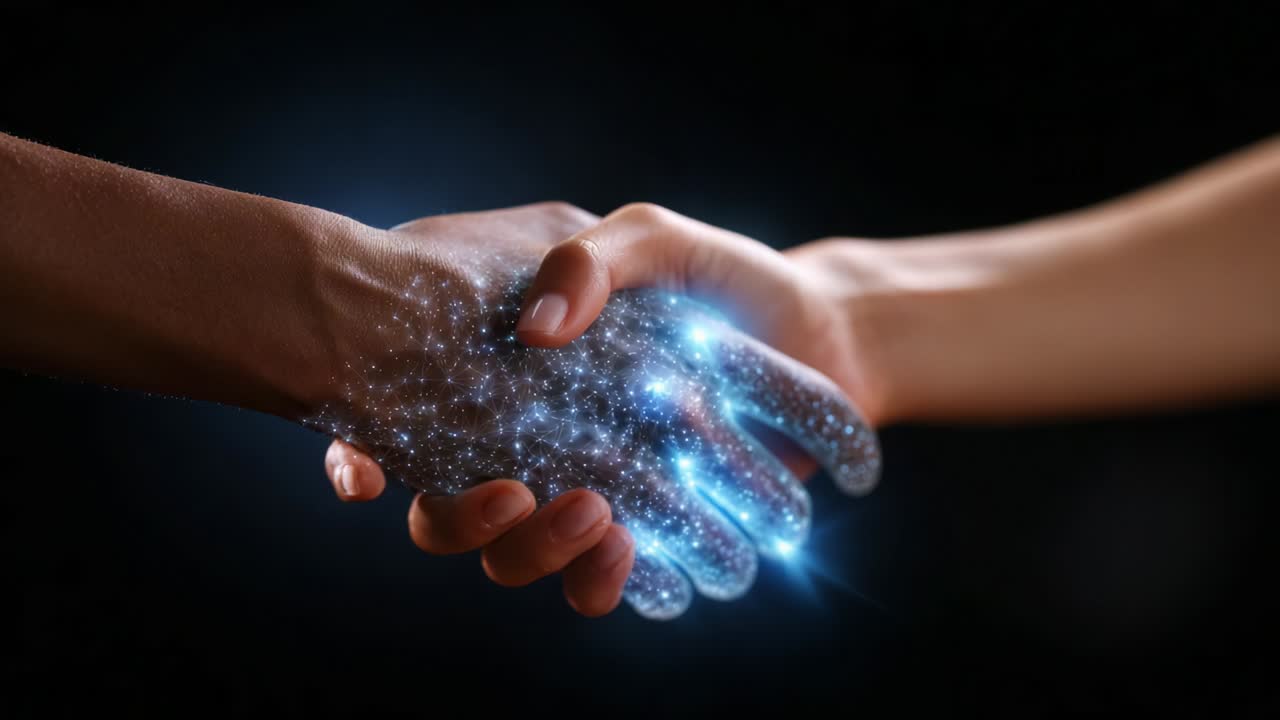 A Captivating Exchange: Two Hands Connecting Through a Glimmering Display of Energy and Light, Symbolizing Unity, Collaboration, and the Fusion of Ideas in a Cosmic Dance of Existence