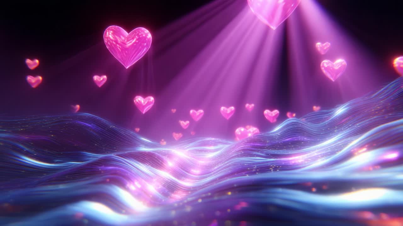 A mesmerizing digital landscape filled with glowing pink hearts floating above shimmering waves of light, creating a dreamlike atmosphere that captures the essence of love and positivity in a captivating visual display