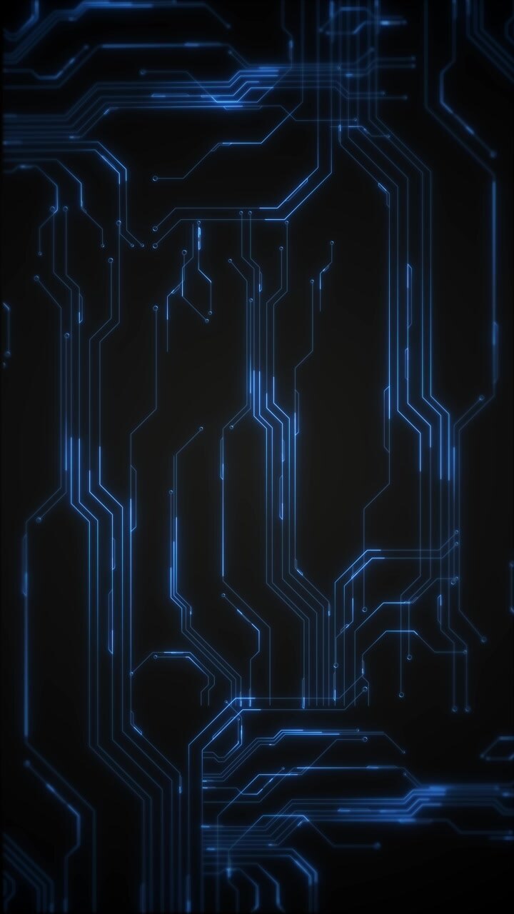 Cornice a circuito tecnologico blu scuro con percorsi luminosi, nodi elettronici e spazio centrale pulito, perfetto per