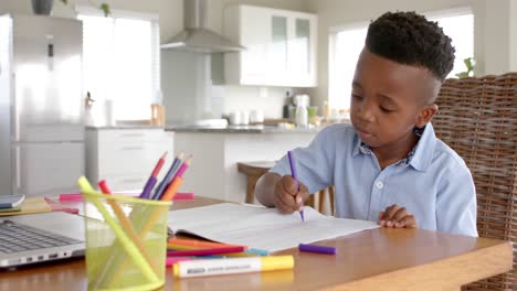 happy african american boy drawing, using laptop for online class at home, slow motion