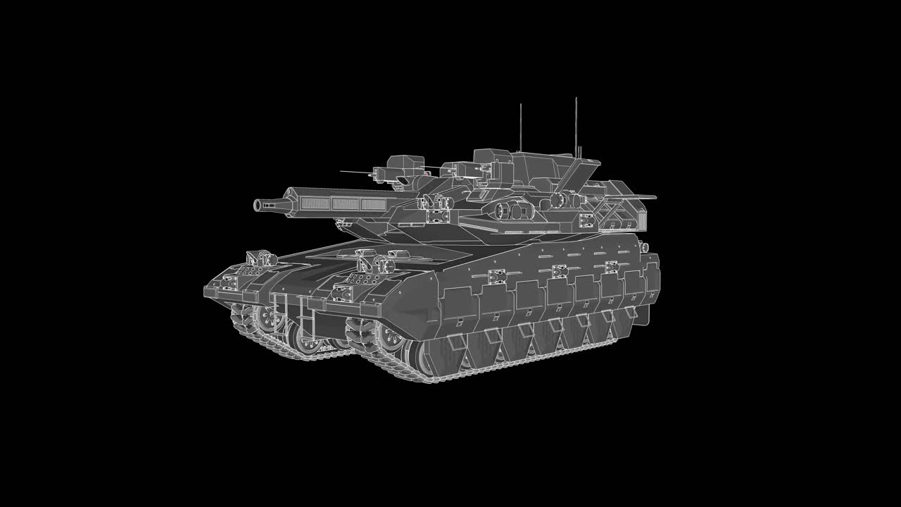 Three sixty degree view of an artillery tank rotating on black background. Computerized animation. Loop, 3D rendering.