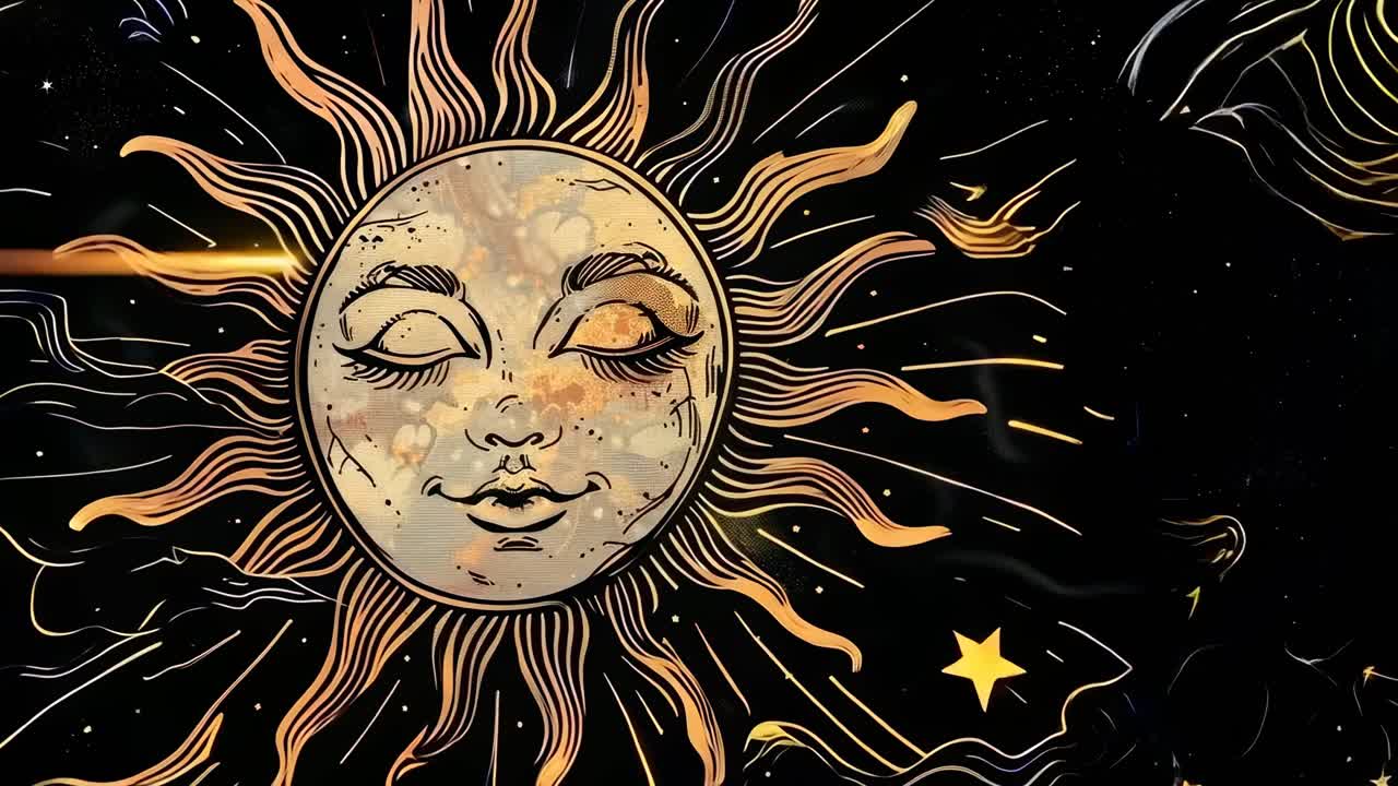 Et stillbillede fra en video af en stiliseret sol med et ansigt, sat mod en stjernehimmel