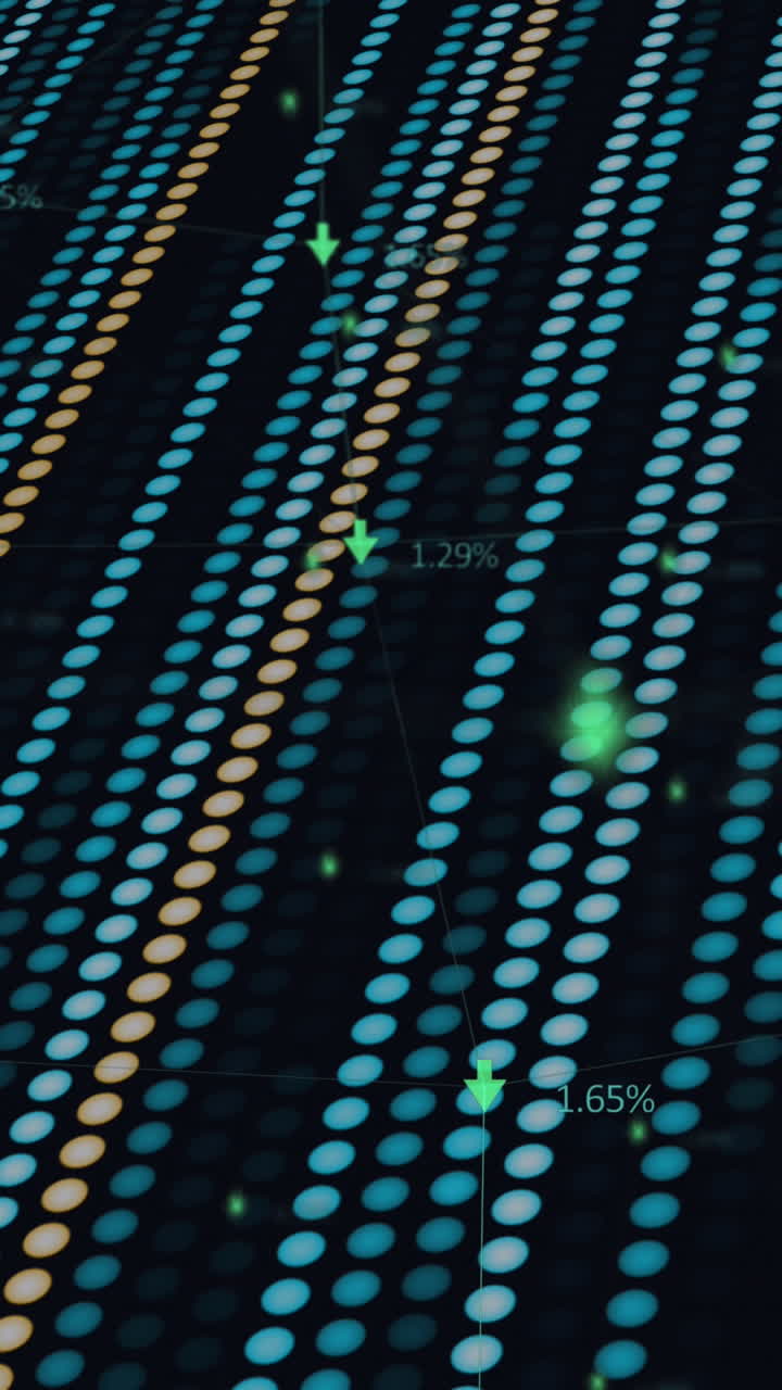 Animation of green dots over black background with green and yellow lines