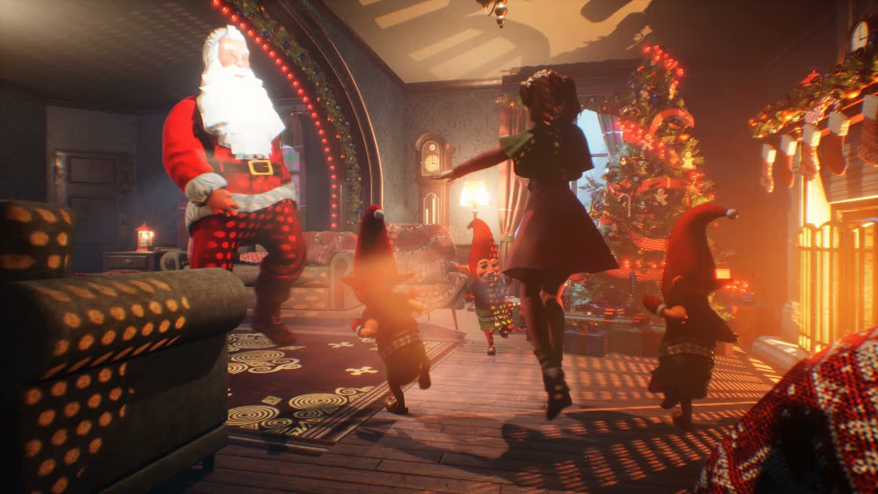 산타클로스, 스노우 메인, 그리고 쾌활한 엘프들이 크리스마스를 축하하는 춤을 추고 있습니다. 크리스마스 분위기의 개념, 루프 애니메이션은 크리스마스 및 새해 전날 배경에 이상적입니다.