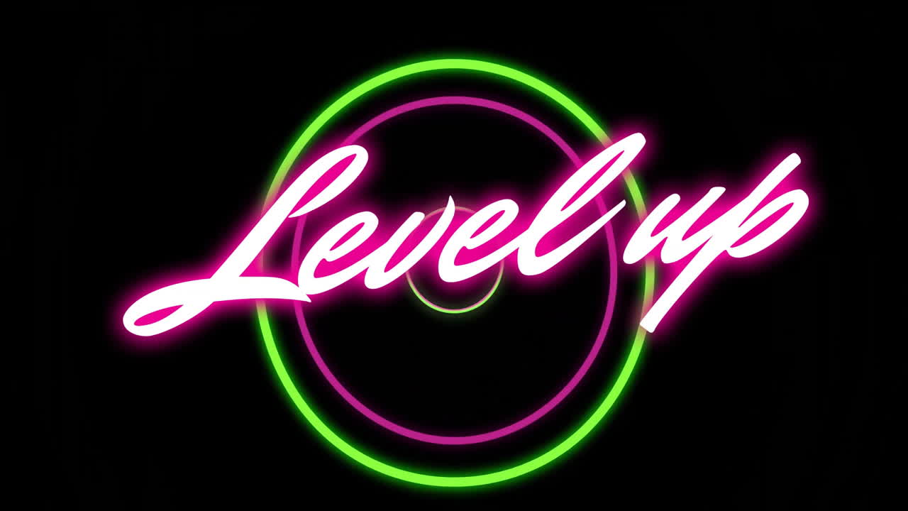Level up text animation with neon colors on black background