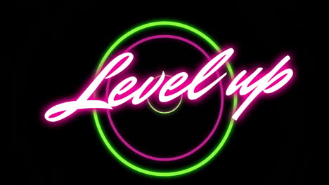 level up text animation with neon colors on black background