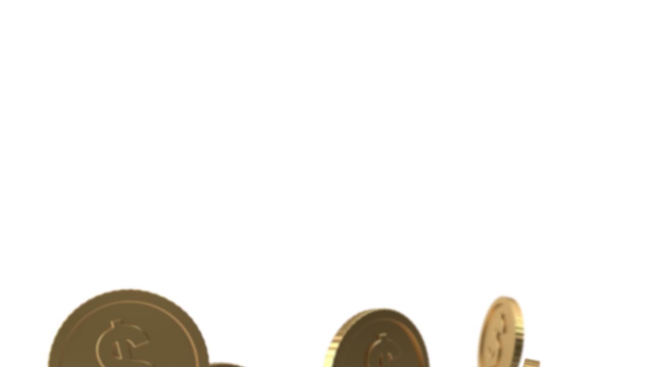 las monedas de oro del signo del dólar estadounidense están cayendo sobre un fondo blanco en resolución 4k con canal alfa.