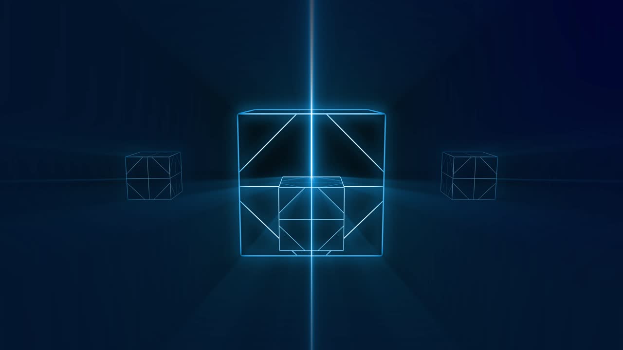 Abstract Blue Neon Wireframe Cubes Rotating on Dark Background