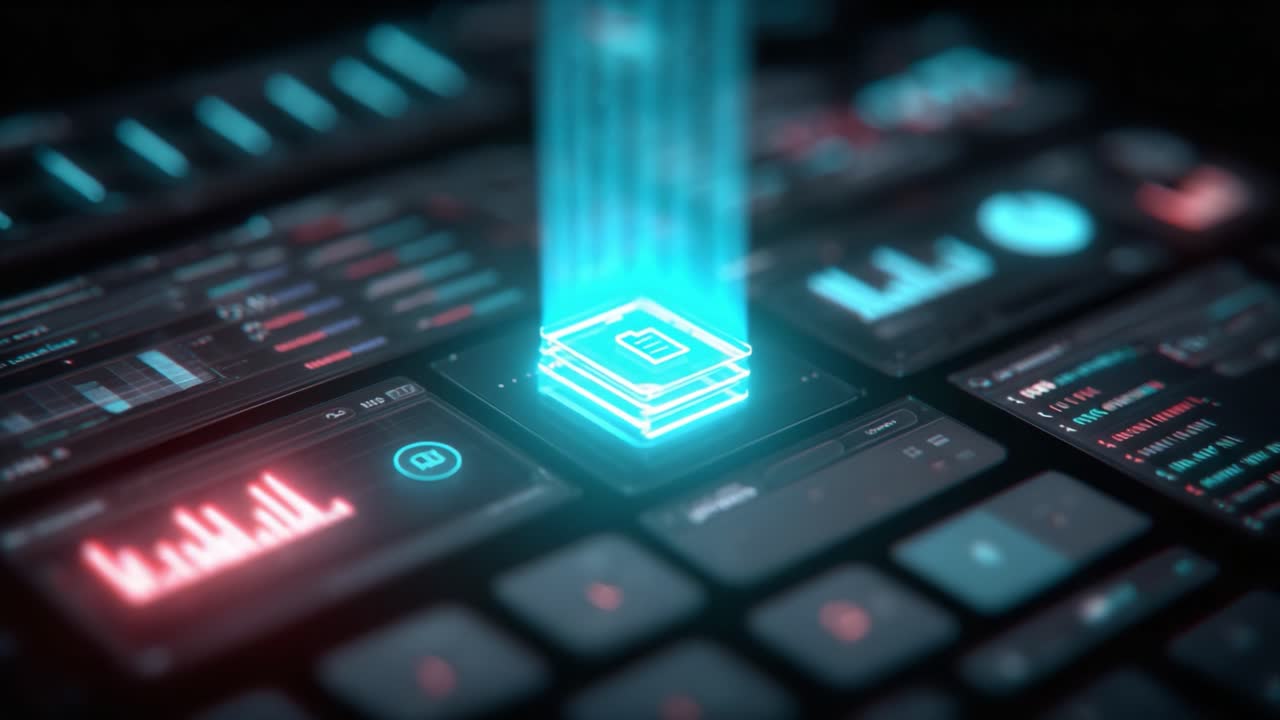 Une interface numérique futuriste présentant des panneaux de données interactifs lumineux avec des éléments holographiques et des graphiques d'analyse dynamiques affichés sur un tableau de bord épuré et moderne