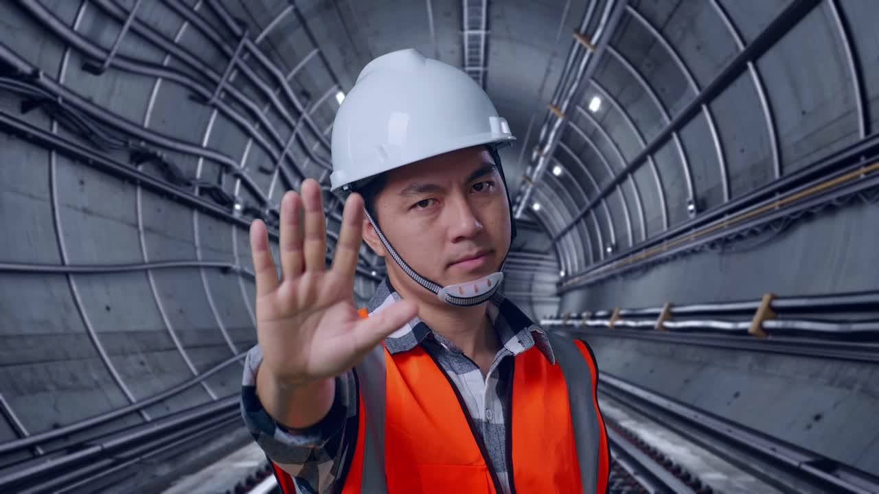 Close Up Of Asian Male Engineer With Safety Helmet Disapproving With No Hand Sign While Standing In Underground Subway Tunnel