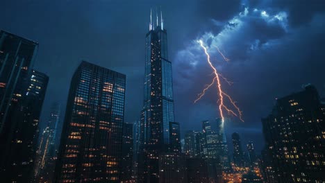 chicago skyline at night with stormy weather