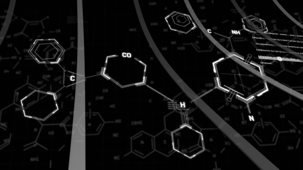 화학 구조 및 분자 결합 애니메이션 검은 바탕에 육각형