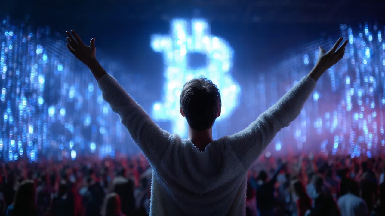 A Thrilling Celebration of Cryptocurrency: A Large Crowd Enthusiastically Embraces the Future of Bitcoin with Outstretched Arms Against a Dazzling Display of Lights