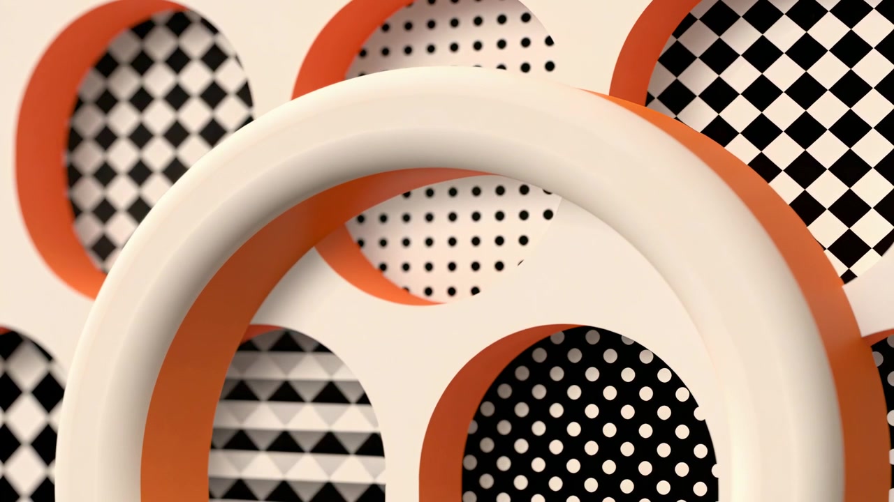 Animation starter, roterende glat hvid torus glider i studie, afslører orange-kantede mønstre.