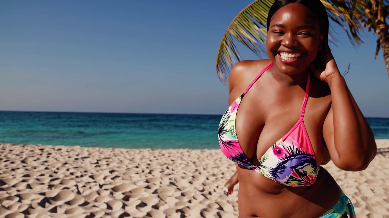 Donna nera sorridente in bikini colorato su una spiaggia tropicale.