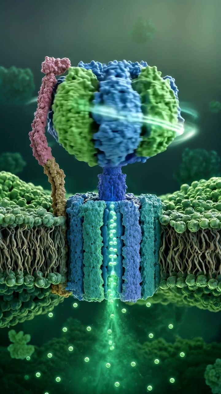 Oggetto arrotondato rotante con texture blu e verdi si muove costantemente su una base illuminata mentre particelle luminose circondano la scena, con inquadratura verticale, ombre profonde e dettagli luminosi vividi visibili