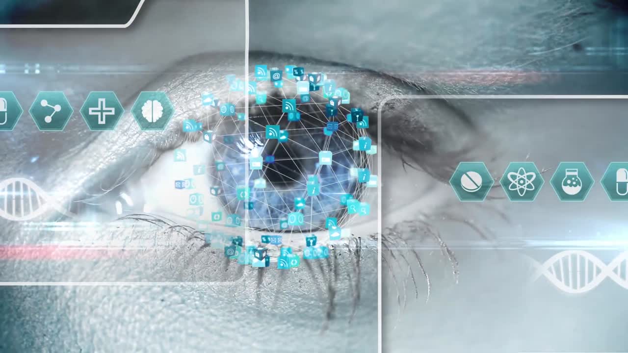 Animation of woman eye scanning infographics in globe shape and displays with dna helix and icons