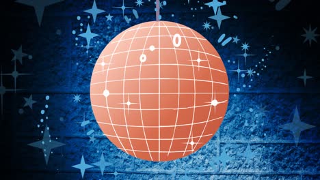 Animation-of-orange-disco-ball-over-blue-stars-and-dark-blue-background