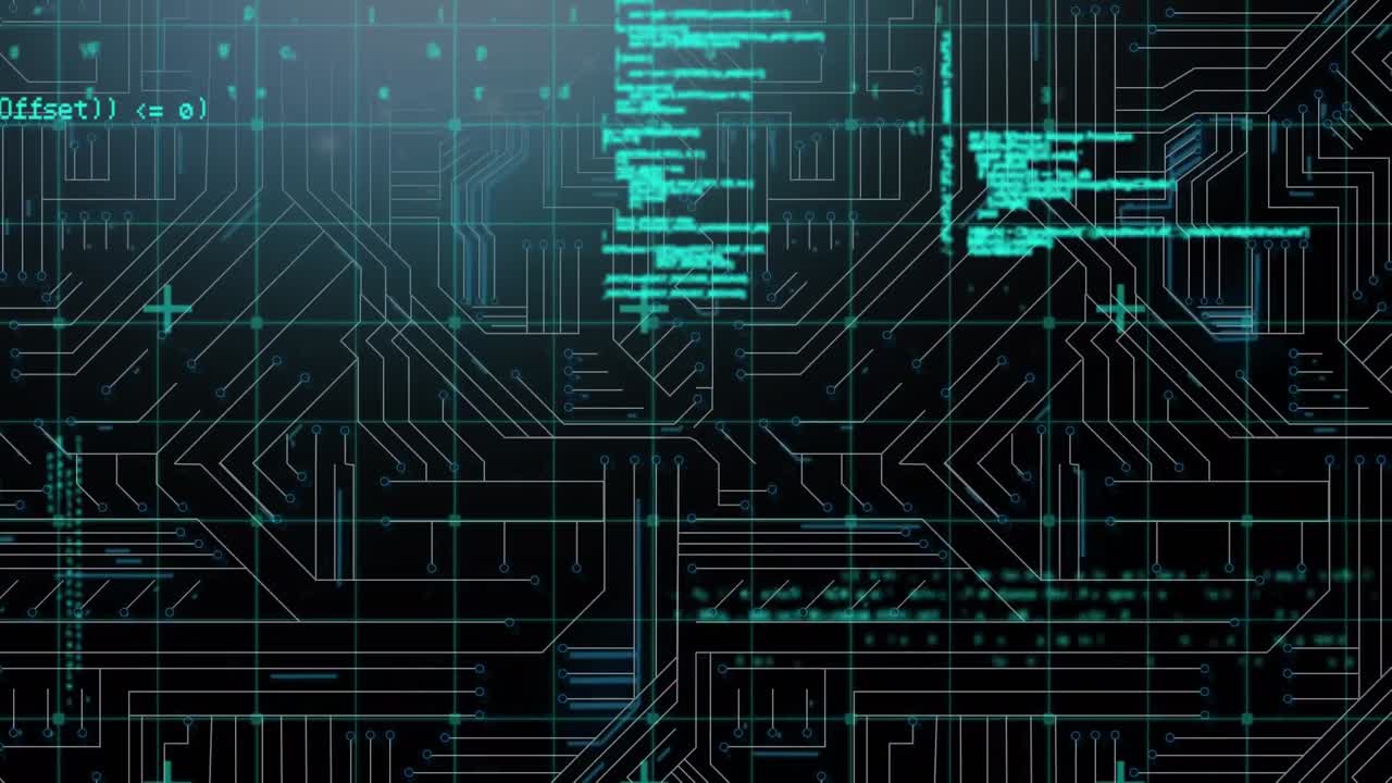 Digital animation of data processing against microprocessor connections on blue background