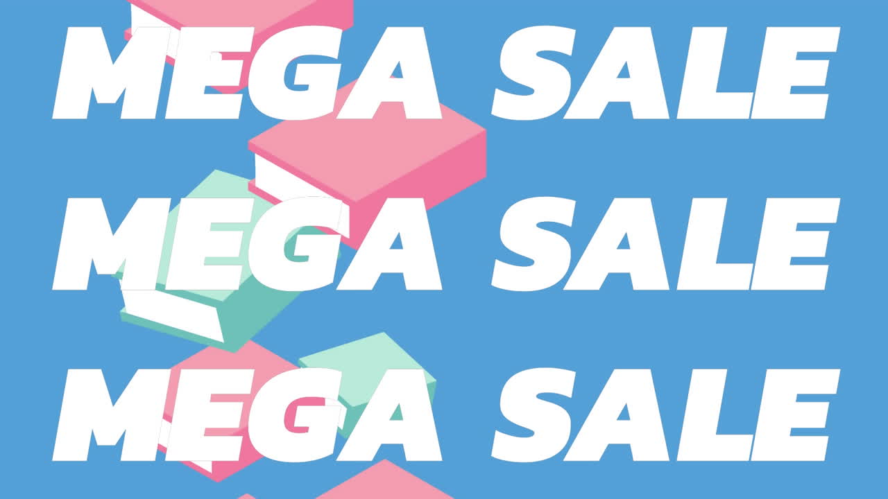 파란색 배경에 있는 책 디지털 아이콘 위에 있는 메가 판매 텍스트의 애니메이션