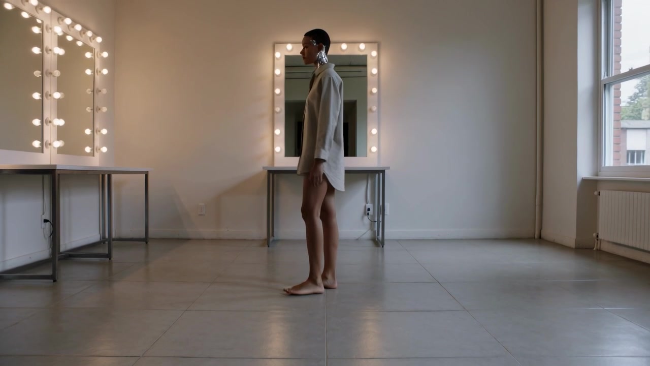 Donna a piedi nudi con una camicia oversize che cammina verso uno specchio illuminato dello studio, controllando il suo aspetto.