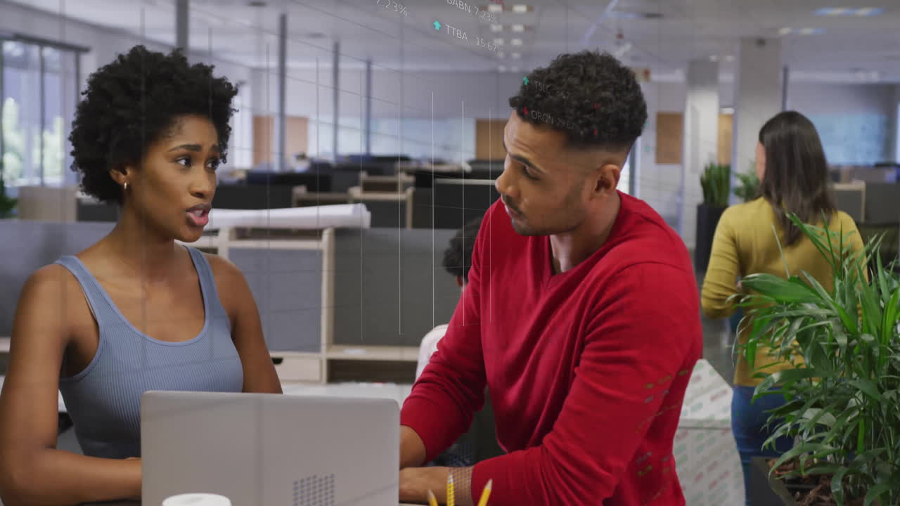 Animation of data processing and diagrams over diverse colleagues discussing work