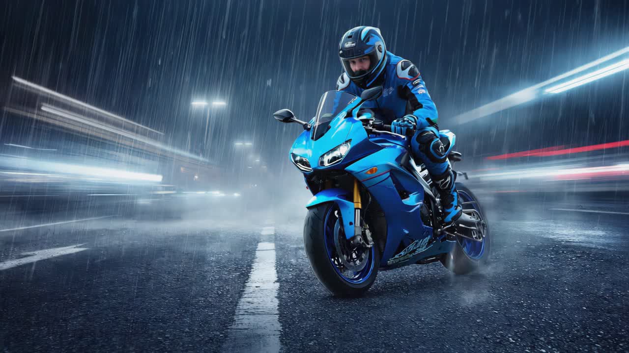 Motorcycles on a Rainy Night Road