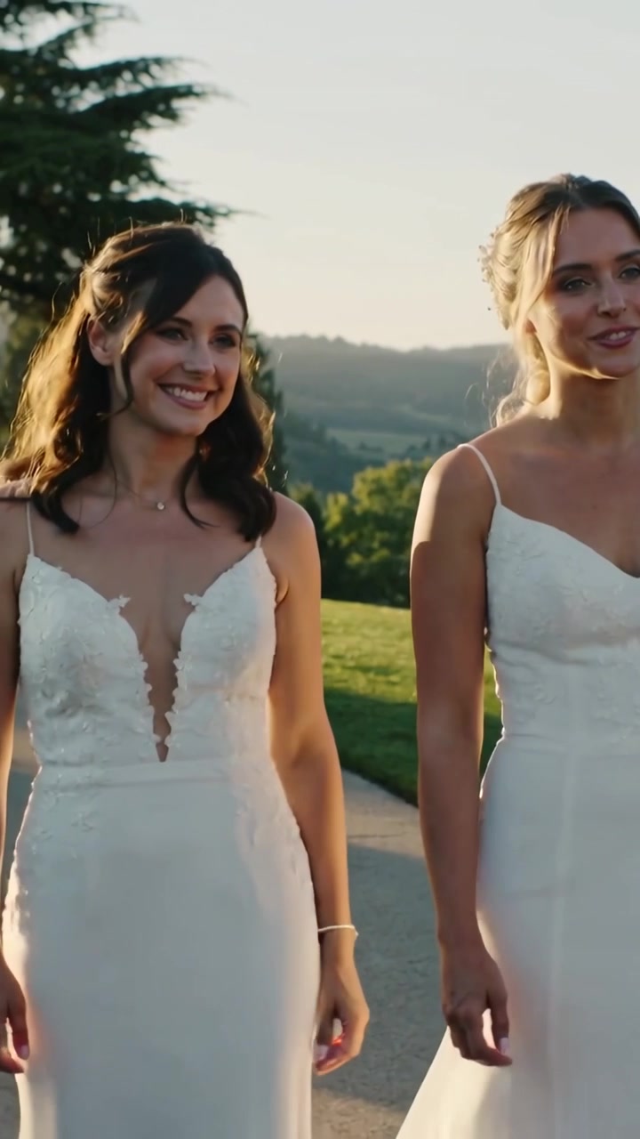Vidéo verticale: Deux femmes en robes blanches marchant sur un chemin de pelouse pour un mariage, la caméra se déplaçant