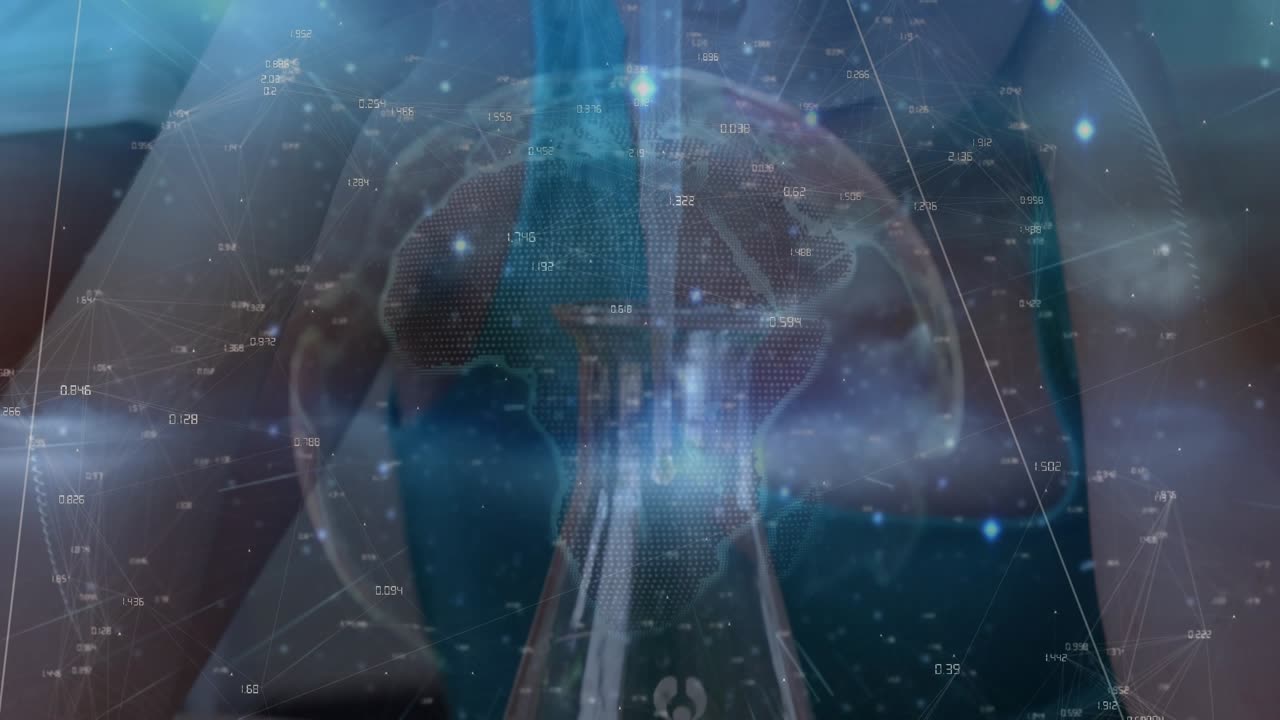 Animation of data processing over caucasian schoolgirl doing experiments