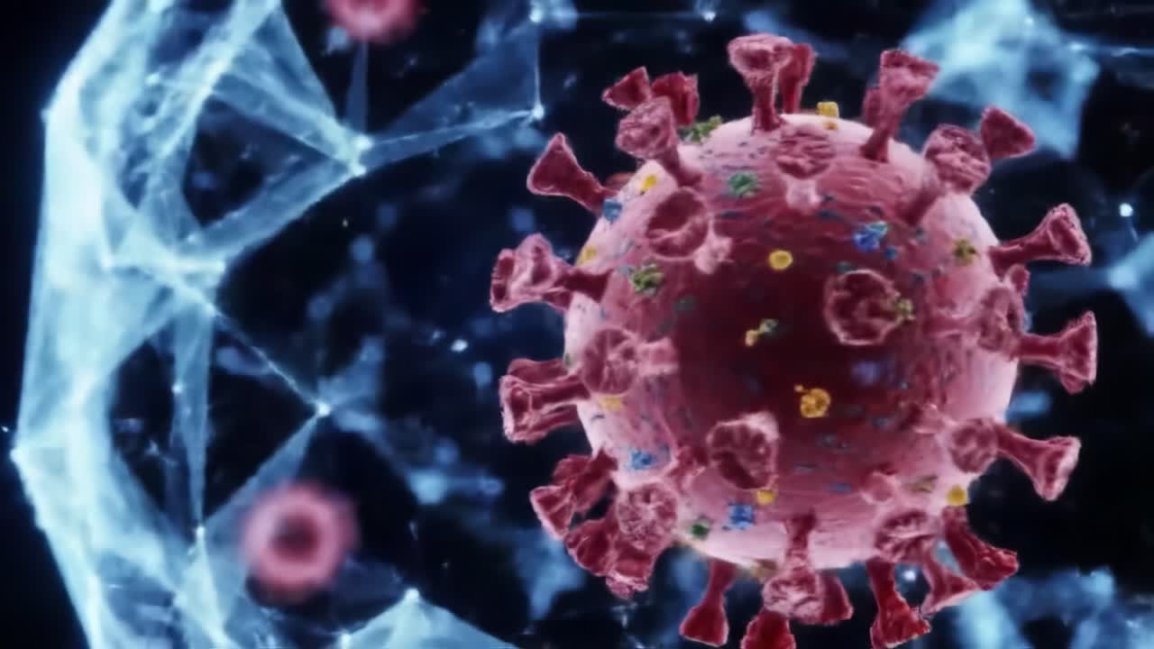 In-Depth Visualization of Coronavirus Structures Highlighting Unique Protein Features and Cellular Interactions in Vibrant Digital Representation.