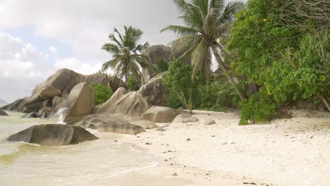 beautiful beach with white sand, granite rocks, and palm trees on la digue island, seychelles