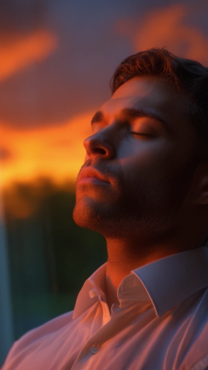 A serene portrait of a man with closed eyes against a captivating sunset backdrop, embodying tranquility and introspection with warm, vibrant colors illuminating the scene